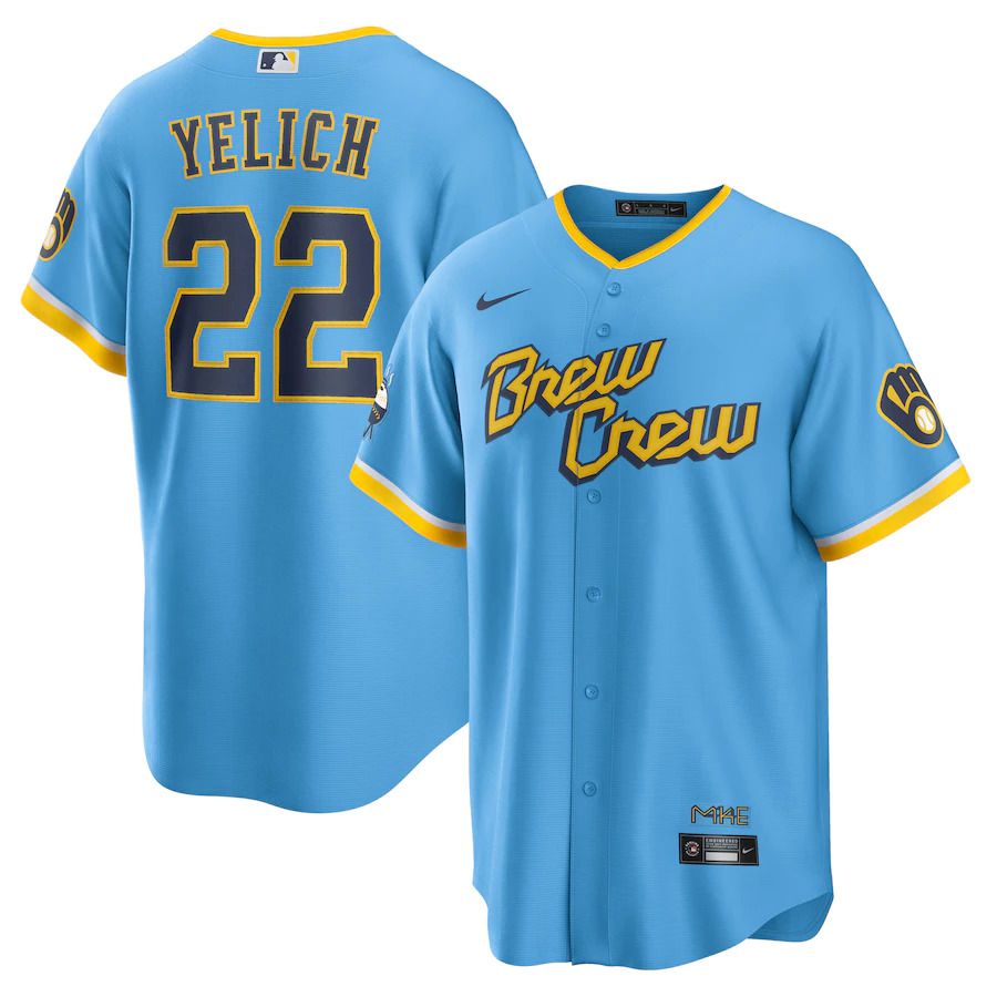 Custom Men Milwaukee Brewers #22 Christian Yelich Nike Powder Blue 2022 City Connect Replica Player MLB Jersey